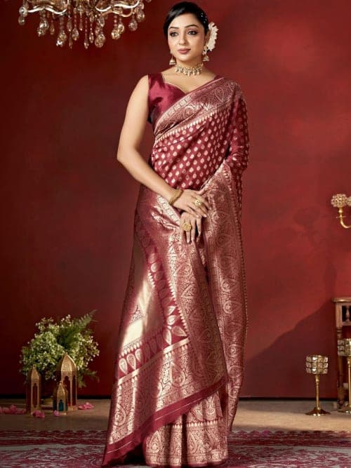 Maroon Banarasi Woven Saree with Zari Border