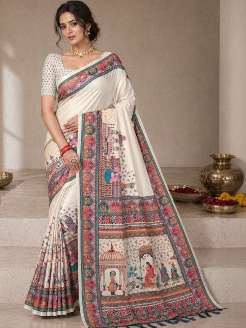 Cream printed sarees with border