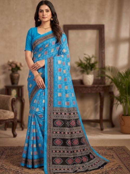 Blue Geometric Printed saree with Woven Design Border