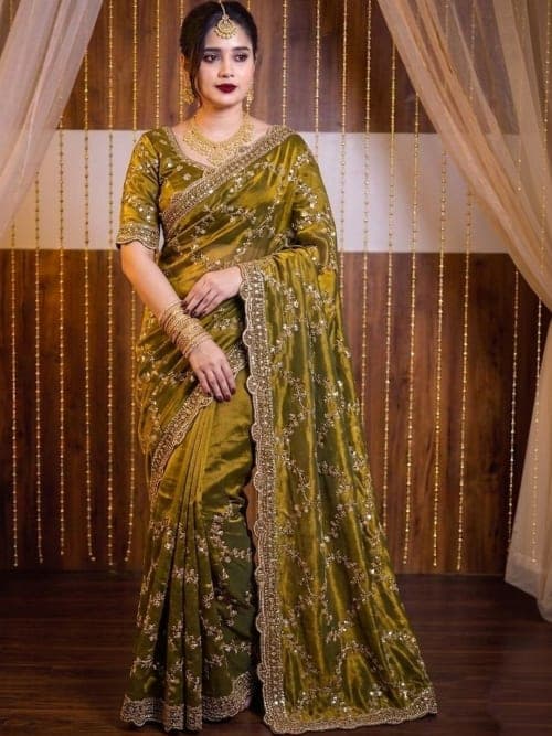 Floral Embroidered Satin Fusion Olive Green Saree