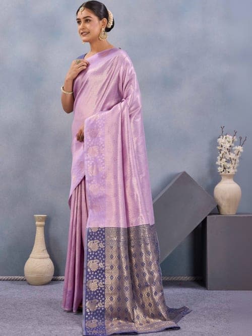 Lavender & Navy Blue Banarasi Woven Saree with Zari Details
