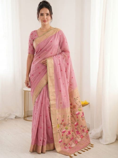 Pink Paithani Floral Printed saree with Woven Design Border