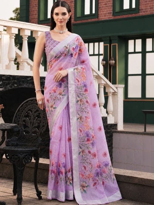Lavender Khadi Floral Printed saree with Woven Design Border