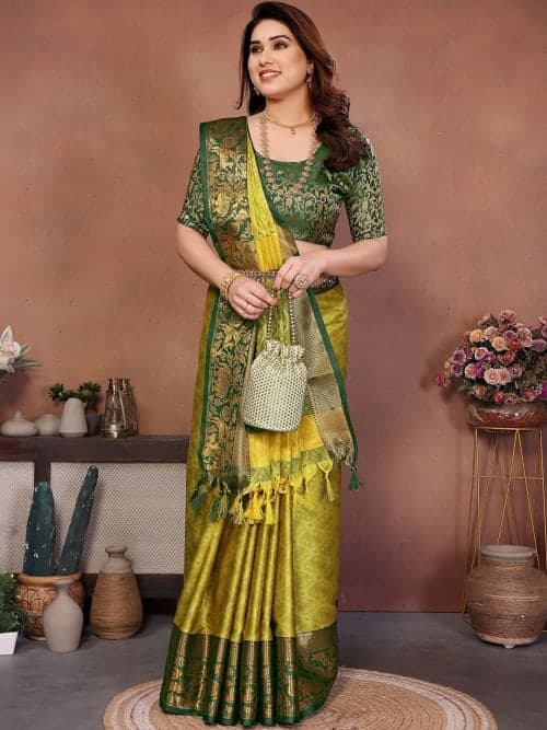 Lime Green Woven Design saree with Woven Design Border