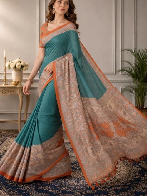 Teal Kalamkari Printed Dola Silk Saree with Woven Border