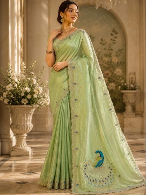 Lime Green Embellished Saree with Embroidered Border