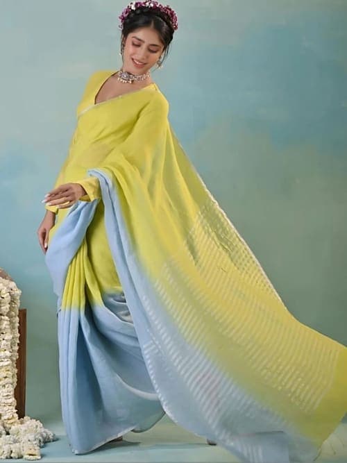 Multicoloured & White Ombre Print Saree with Woven Border