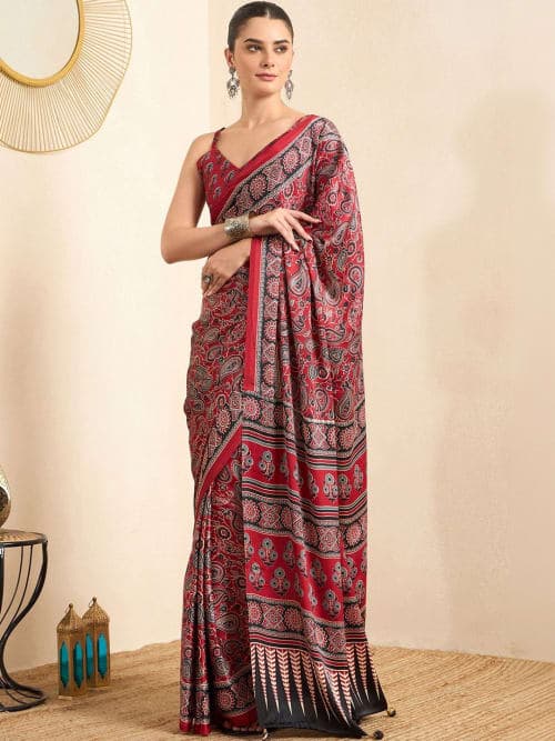Red Block Print saree with Printed Border