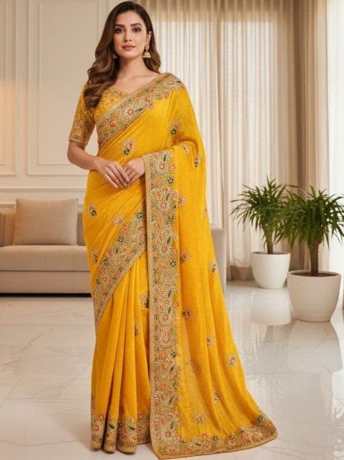 Yellow Floral Embellished saree with Embroidered Border