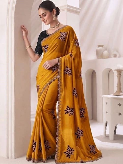 Mustard Art Silk Floral Embellished Saree with Embroidered Border