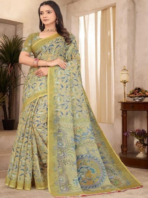 Green & Blue Kanjeevaram Silk Cotton Saree with Printed Border
