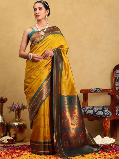 Mustard Paithani Ethnic Motifs Woven Design saree with Zari Border