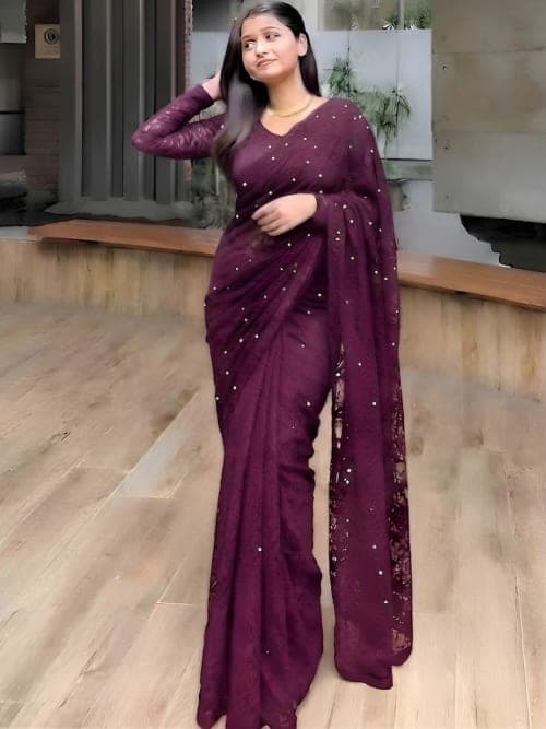 Purple Floral Solid Saree with Solid Border