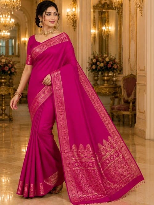 Pink and Champagne Banarasi Solid Woven Design saree with Woven Design Border