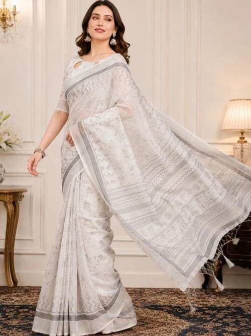 White Linen Cotton Block Print Saree with Zari Woven Border