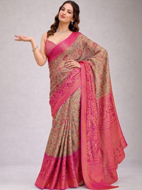 Beige and Pink Ethnic Motifs Woven Design saree with Zari Border