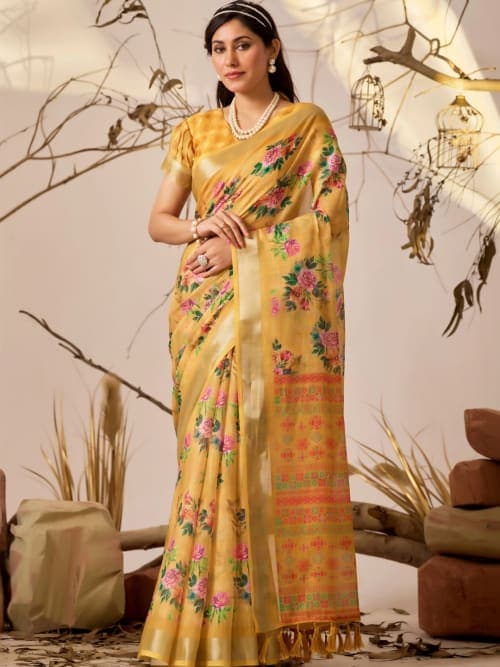 Yellow and Mustard Kota Floral Printed saree with Woven Design Border