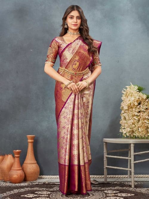 Purple and gold-toned Woven design saree with woven design border