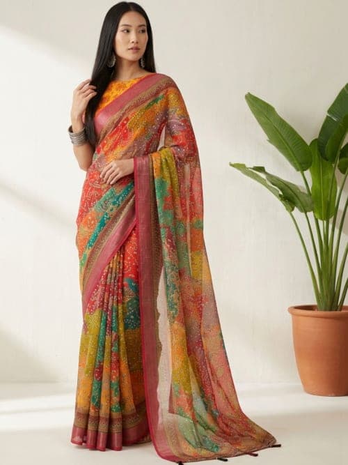 Multicoloured Floral Printed saree with Woven Design Border