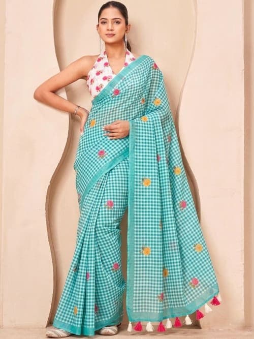 Turquoise Blue Checked saree with Woven Design border
