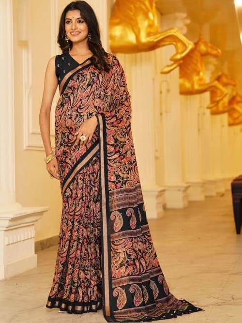Black Paisley Printed saree with Woven Design Border