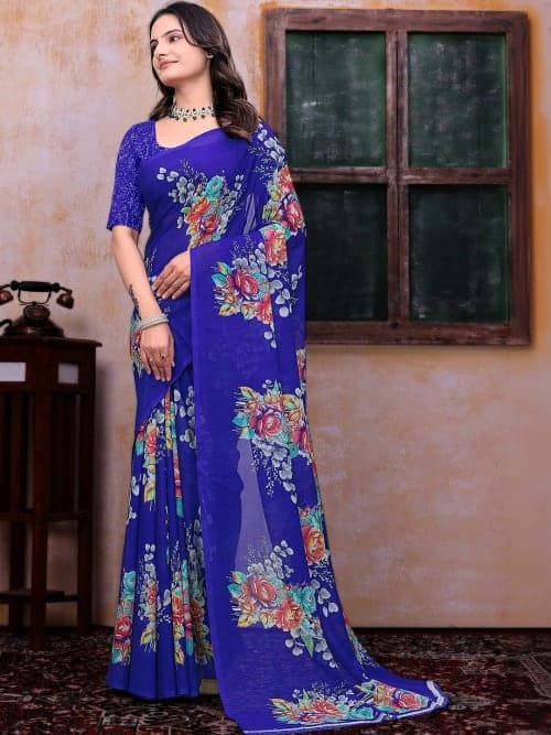 Blue Bandhani Print Saree with Floral Patterns & Woven Border