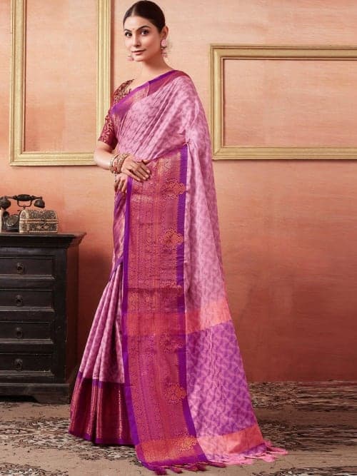 Pink Kanjeevaram Woven Printed Saree with Zari Border
