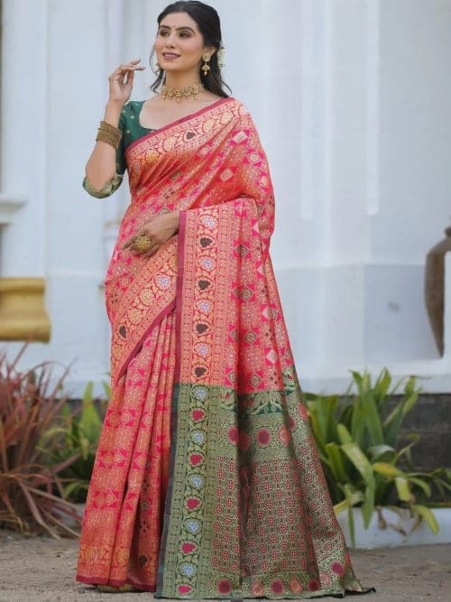 Pink Kanjeevaram Woven Design saree with Zari Border
