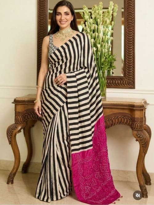 Black Striped saree with Printed Border