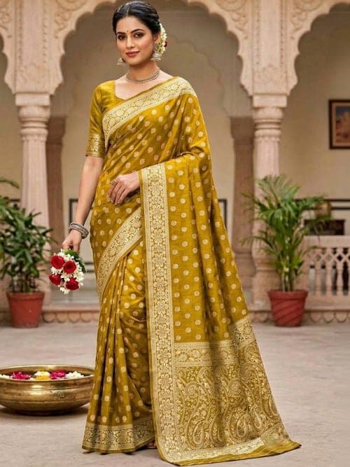 Mustard Banarasi Woven Design Saree with Zari Border