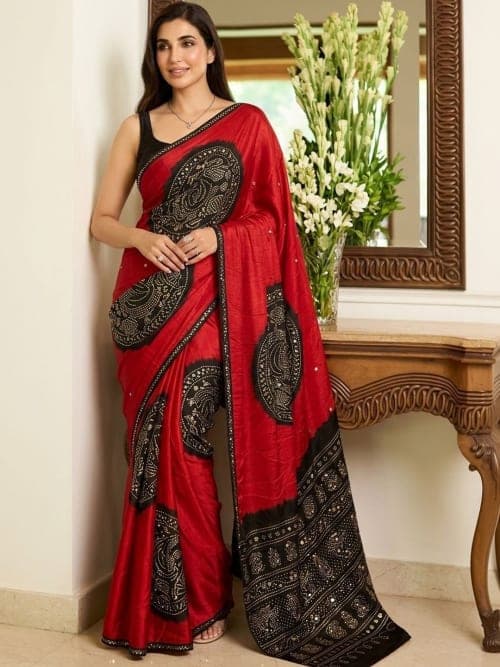Ethnic Sequinned Heavy Work Block Print Saree