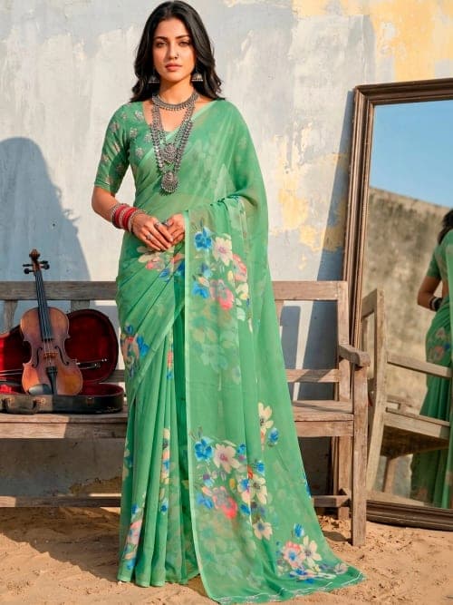 Green Floral Printed saree