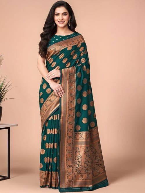 Teal banarasi Ethnic motifs woven design saree with zari border