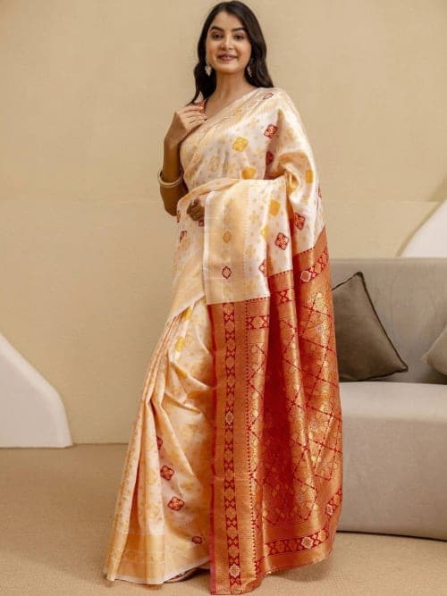 Off White Banarasi Woven Design Saree with Zari Border