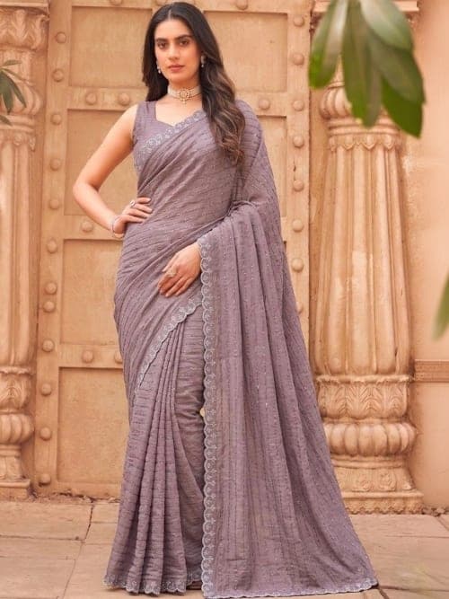Lavender Solid Striped Saree with Embroidered Border