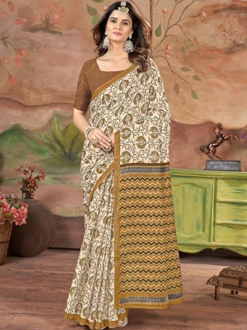 Off White Block Print Floral Saree with Woven Border