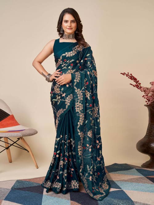 Teal and red Floral embroidered saree with embroidered border