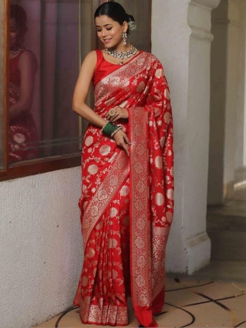 Red Floral Embroidered saree with No Border