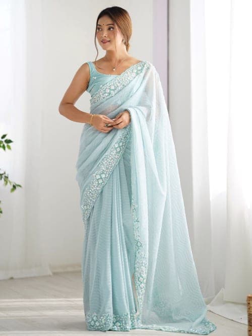 Blue and white Embellished Sequinned Saree