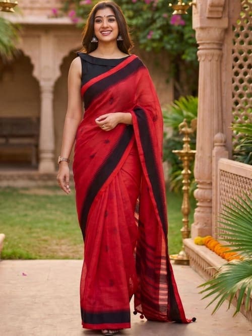 Red Banarasi Solid Art Silk Saree with Zari Border