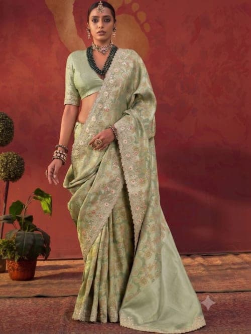 Sea Green Bomkai Silk Floral Solid Saree with Embroidered Border