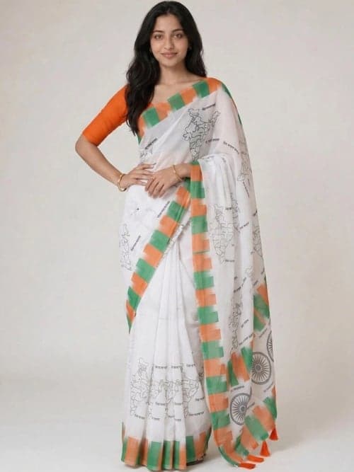 Off White Geometric Printed saree with Striped Border
