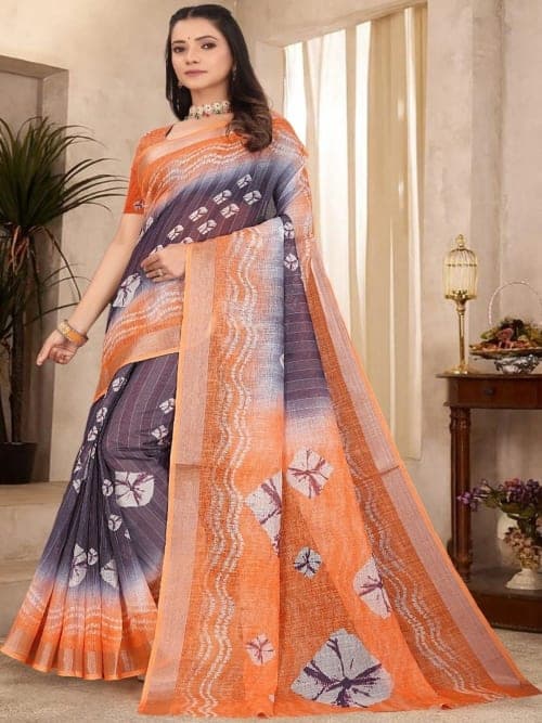 Orange Kanjeevaram Tie & Dye Print Saree with Woven Border