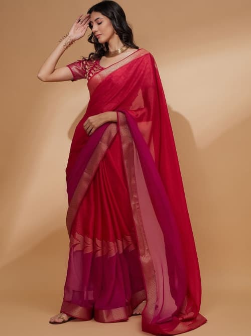 Pink And Gold Floral woven design saree with woven design border