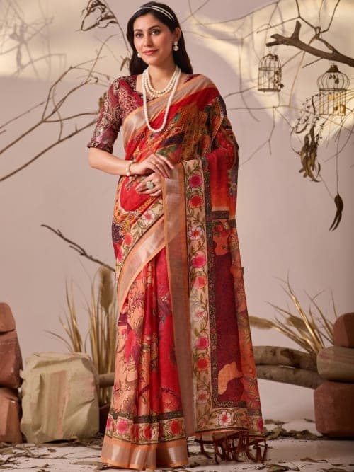 Red patola Floral printed saree with woven design border