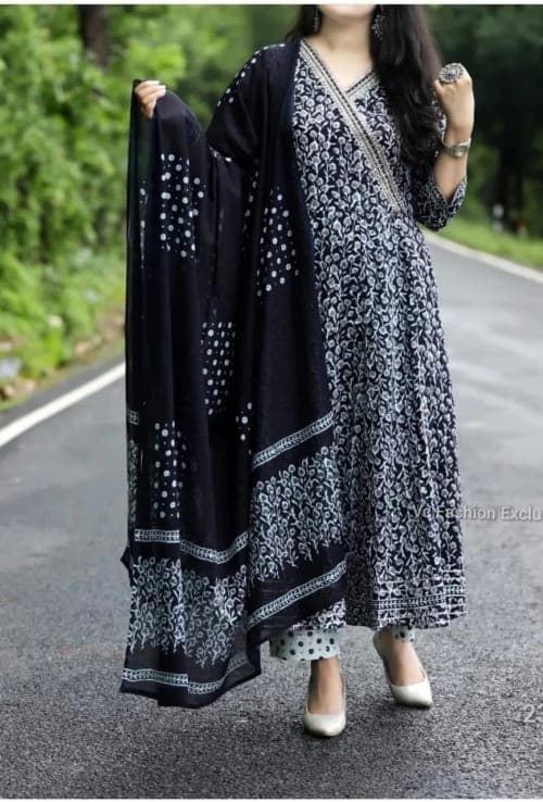 Black Embroidered Rayon Anarkali Kurta Set