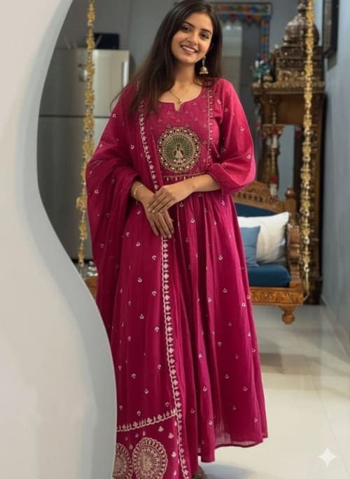 Pink Floral Embroidered Rayon Anarkali Set