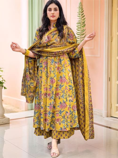 Yellow Floral Printed Rayon Kurta Set