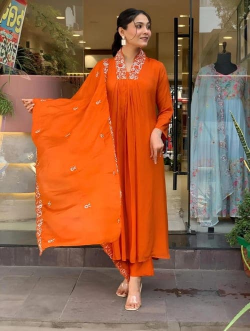 Orange Embroidered Rayon Anarkali Palazzo Set
