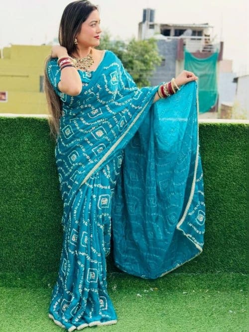 Teal Bandhani Embroidered Satin Silk Saree with Stitched Blouse